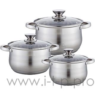 Набор посуды WEBBER BE-615/6 из нерж.стали 6 пр. 2,9л, 5,1л, 6,6л со стеклянными крышками В наборе 6 предметов: кастрюля со стеклянной крышкой 18х11,5см 2,9л кастрюля со стеклянной крышкой 22х13,5см 5,1л кастрюля со стеклянной крышкой 24х14,5см 6,6л