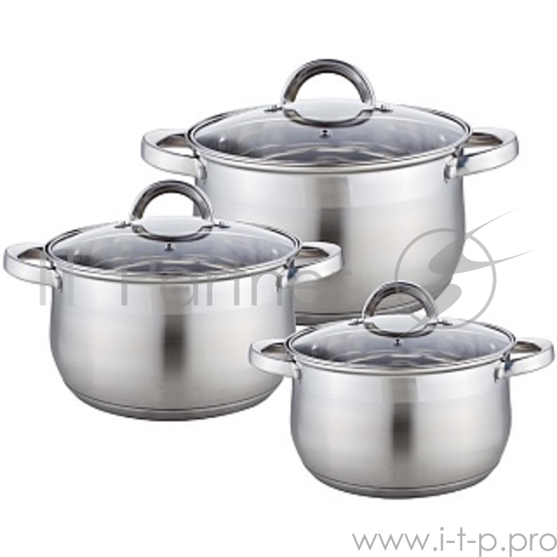 Набор посуды WEBBER BE-617/6 из нерж.стали 6 пр. 2,9л, 5,1л, 6,6л со стеклянными крышками В наборе 6 предметов: кастрюля со стеклянной крышкой 18х11,5см 2,9л кастрюля со стеклянной крышкой 22х13,5см 5,1л кастрюля со стеклянной крышкой 24х14,5см 6,6л