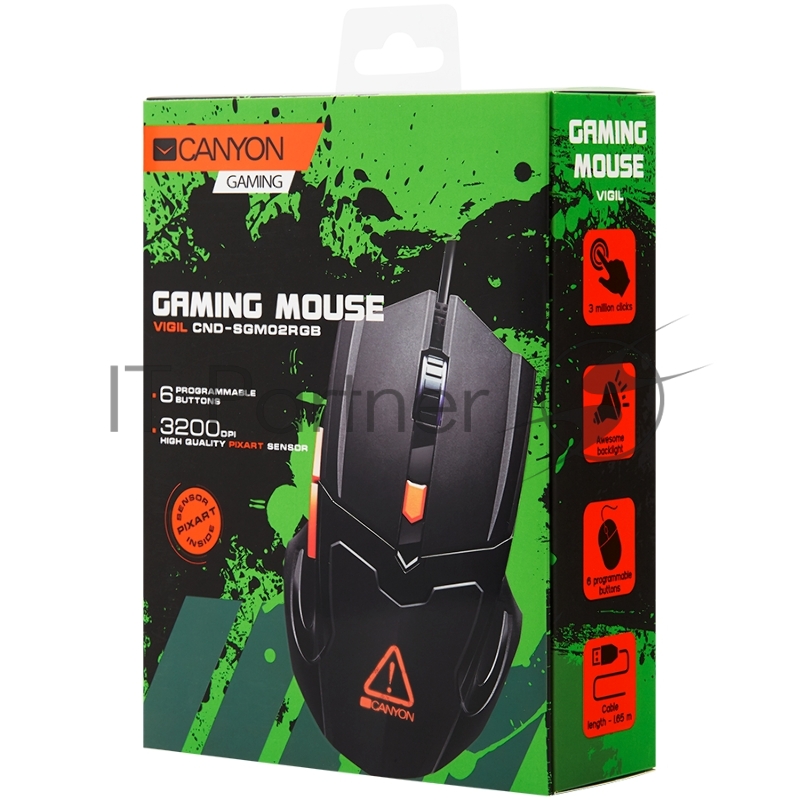 Мышь Optical Gaming Mouse with 6 programmable buttons, Pixart optical sensor, 4 levels of DPI and up to 3200, 3 million times key life, 1.65m PVC USB cable,rubber coating surface and colorful RGB lights, size:125*75*38mm, 140g