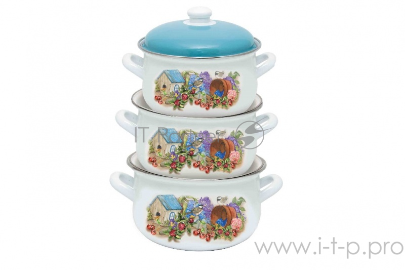 Набор кастрюль эмалированных МАРУСЯ/ MARUSYA 3000, из 3 пр. (бел.) Синички (2л, 3л, 4л) эмал. кр.