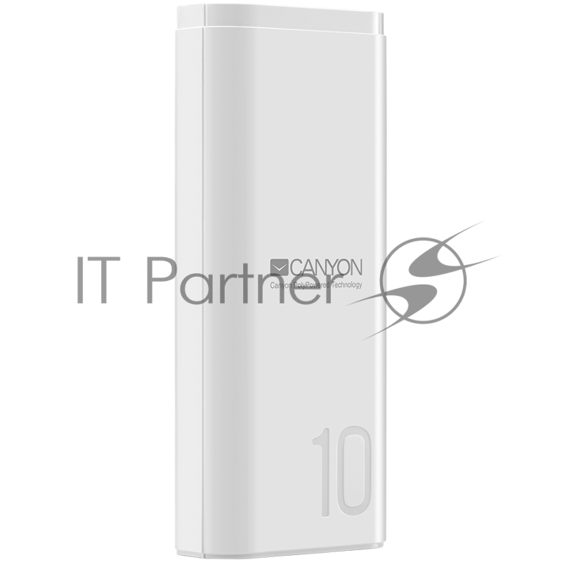 Мобильный аккумулятор CANYON Power bank 10000mAh Li-poly battery, Input 5V/2A, Output 5V/2.1A, with Smart IC, White, USB cable length 0.25m, 120*52*22mm, 0.210Kg