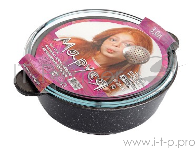 Жаровня а/п литая 3л МАРУСЯ 7326ж со стекл. крышкой д.26см. со стекл. крышкой. Серия МРАМОР (чёрный) литая алюминиевая посуда с антипригарным мраморным покрытием, толщина стенок 4,5 мм, толщина дна 6 мм.