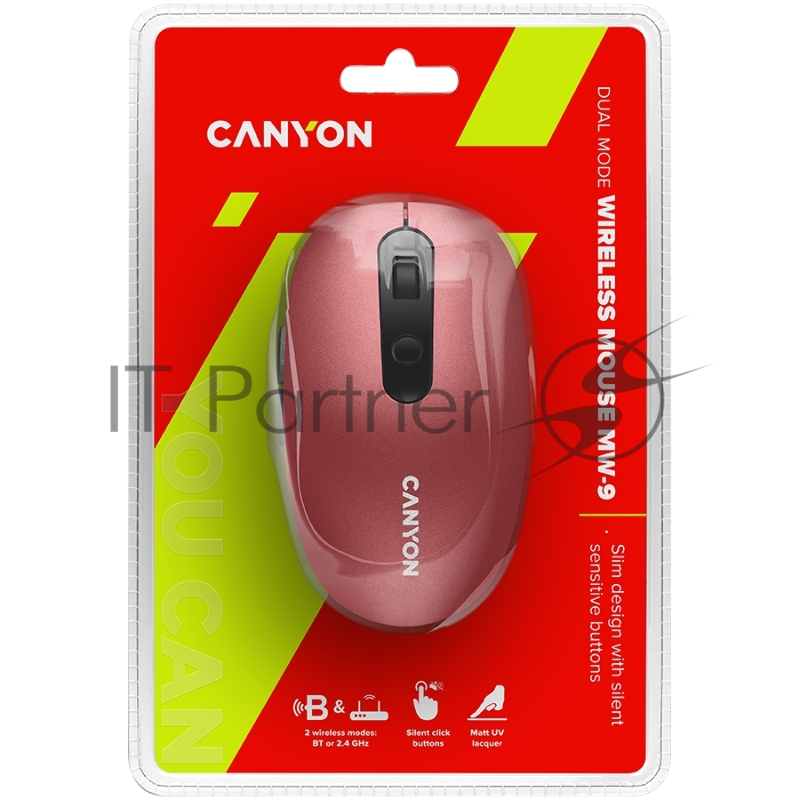 Мышь Canyon 2 in 1 Wireless optical mouse with 6 buttons, DPI 800/1000/1200/1500, 2 mode(BT/ 2.4GHz), Battery AA*1pcs, Red, silent switch for right/left keys, 65.4*112.25*32.3mm, 0.092kg