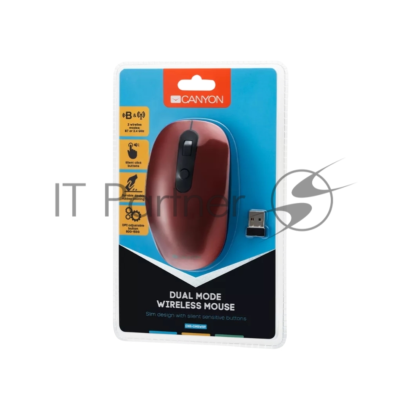 Мышь Canyon 2 in 1 Wireless optical mouse with 6 buttons, DPI 800/1000/1200/1500, 2 mode(BT/ 2.4GHz), Battery AA*1pcs, Red, silent switch for right/left keys, 65.4*112.25*32.3mm, 0.092kg