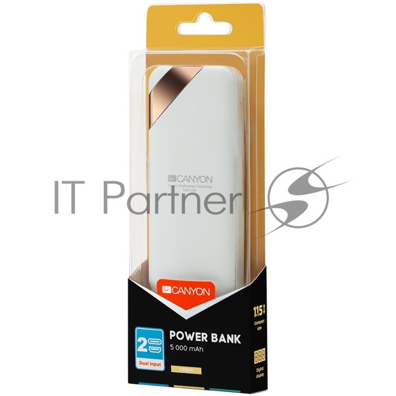 Мобильный аккумулятор CANYON Power bank 5000mAh Li-poly battery, Input 5V/2A, Output 5V/2.1A, with Smart IC and power display, White, USB cable length 0.25m, 115*50*12mm, 0.120Kg