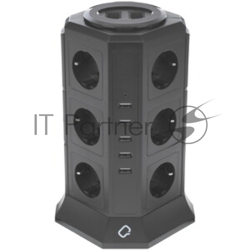 Сетевой фильтр Qumo Power Tower Pro 12SP5U (P-0001), 12 розеток, 2200 Вт, 10A, кабель 2м 3*1 мм чистая медь, пожаробезопасный пластик, евровилка, 5 USB портов 4.5A суммарно