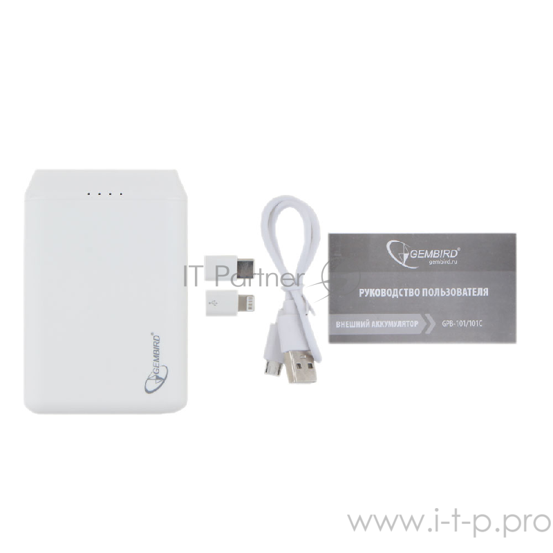 Портативный аккумулятор Gembird GPB-101С, 10000мА/ч, USB, type-c, 2.1A, белый