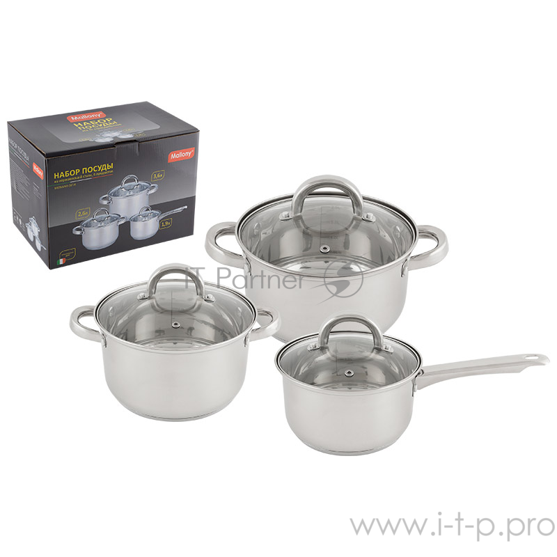Набор посуды Mallony из нерж стали из 6 пред-в MEDIANO-SET-6 (ковш1,9л/кастрюли - 2,6 и 3,6 л), тм Mallony