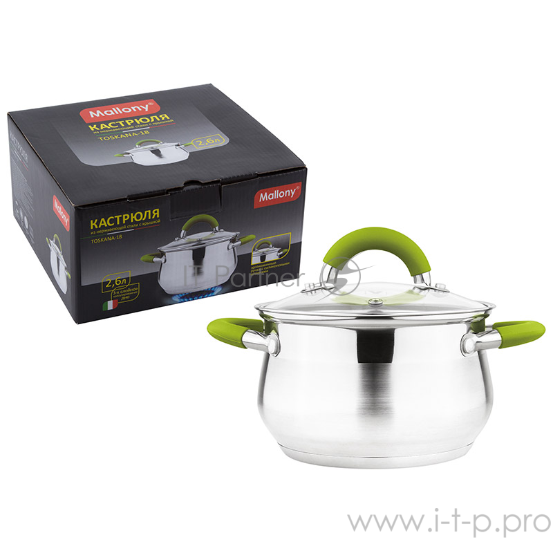Кастрюля из нерж стали с крышкой (стекло) TOSKANA-18, ручки: сталь, силикон, капс дно, 2,6 литра