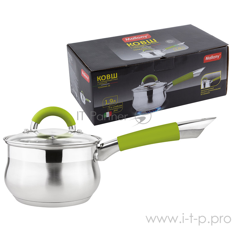 Ковш из нерж стали с крышкой (стекло) TOSKANA-16, ручки: сталь, силикон, капс дно 1,9 л