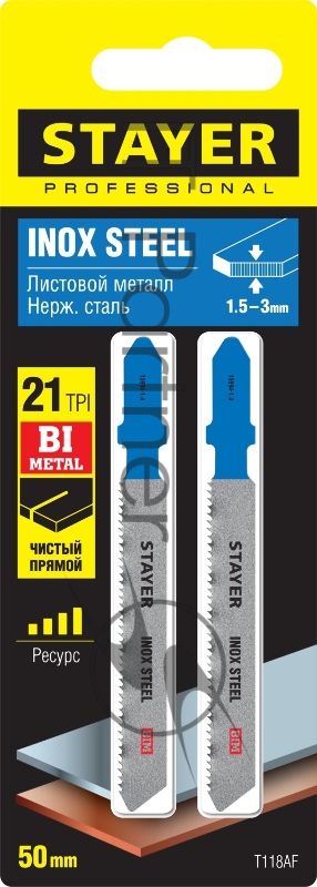 Полотна STAYER, T118AF, для эл/лобзика, Bi-Metall, по металлу (1,5-3мм), T-хвост., шаг 1,4мм, 50мм, 2шт