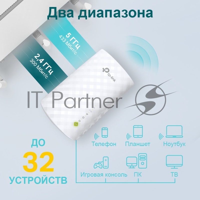 Усилитель Wi-Fi сигнала AC750 OneMeshTM WiFi Range Extender, 300Mbps at 2.4G and 433Mbps at 5G, compact house with internal antennas, 1 10/100Mbps Ethernet port, WPS button for quick setup, Smart Indicator for best location, support OneMeshTMtechnolo