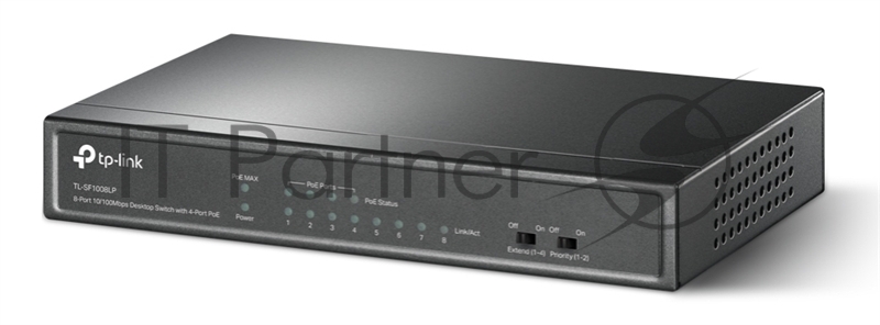 Коммутатор 8-Port 10/100Mbps Unmanaged Switch with 4-Port PoE, metal case, desktop mount, PoE budget 41W.