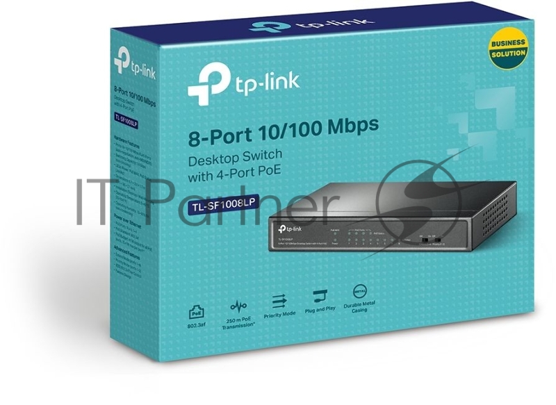 Коммутатор 8-Port 10/100Mbps Unmanaged Switch with 4-Port PoE, metal case, desktop mount, PoE budget 41W.