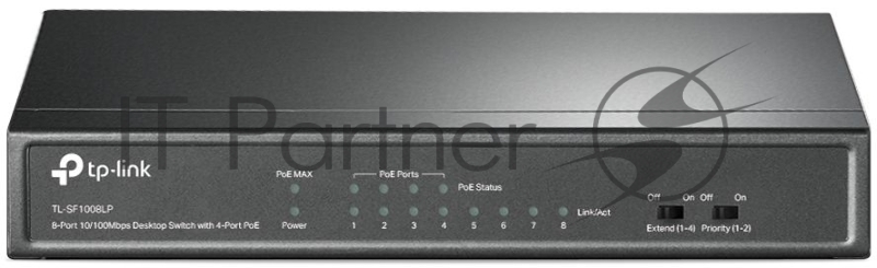 Коммутатор 8-Port 10/100Mbps Unmanaged Switch with 4-Port PoE, metal case, desktop mount, PoE budget 41W.