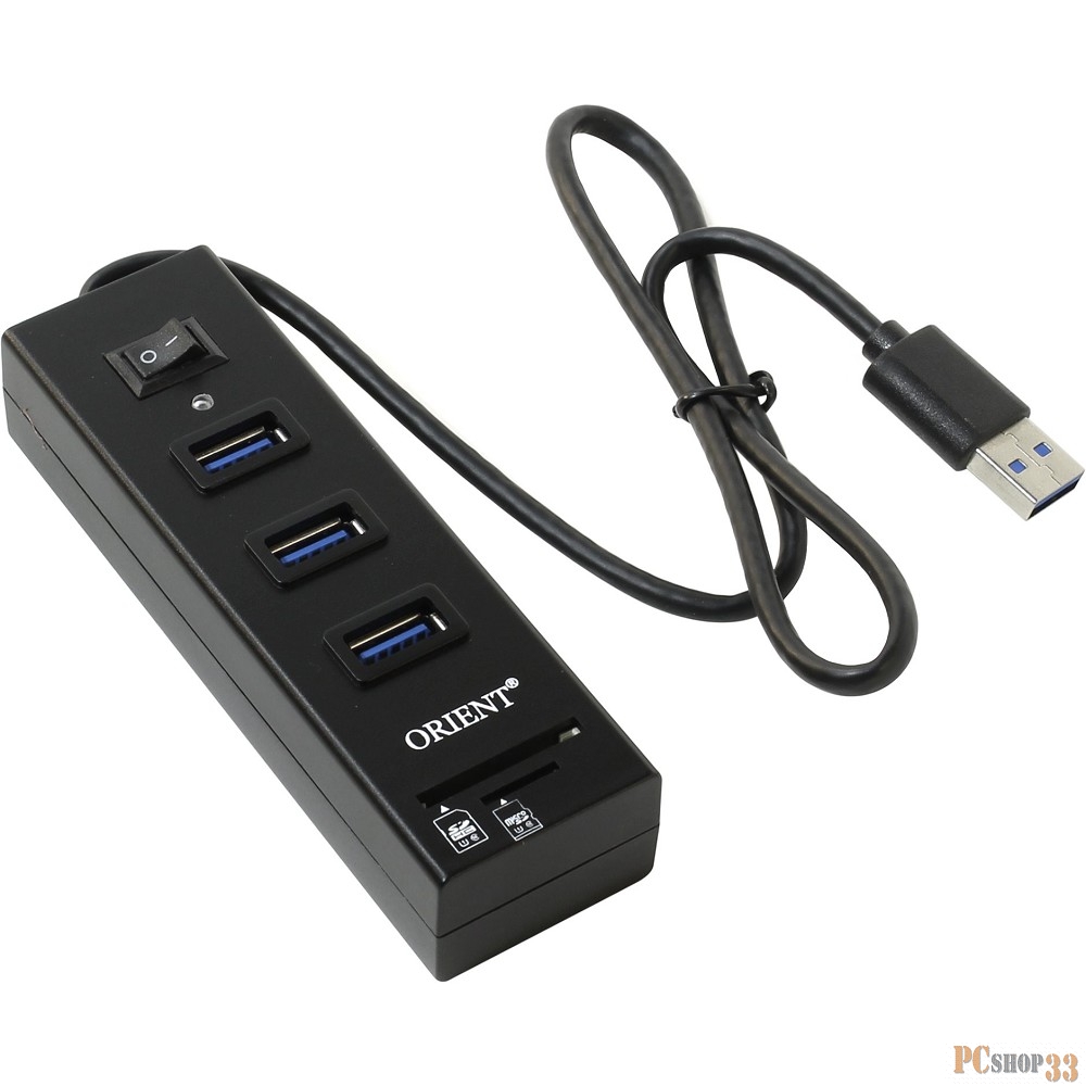 Контроллер ORIENT JK-330, USB 3.0 HUB 3 Ports + SD/microSD CardReader, выкл., кабель 0.5м, черный