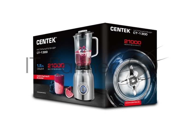 Блендер настольный Centek CT-1300 <1000 Вт> стеклянный стакан 1.5л, 2 скорости + Pulse, 4 лезвия