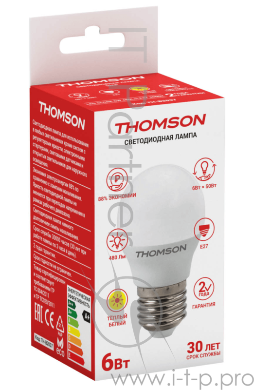 Лампа светодиодная Hiper THOMSON LED GLOBE 6W 480Lm E27 3000K TH-B2037