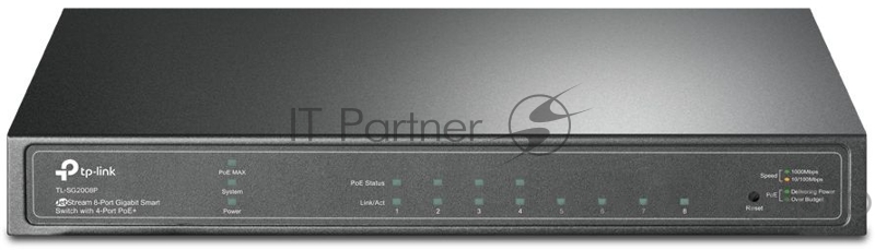 Коммутатор JetStream 8-Port Gigabit Smart Switch with 4-Port PoE+, 4× Gigabit PoE+ Ports, 802.3at/af, 62 W PoE Power, Desktop Steel CaseIntegration with Omada SDN Controller, 802.1Q VLAN, STP/RSTP/MSTP, IGMP Snooping, 802.1p/DSCP QoS, ACL, 802.1x, Ra