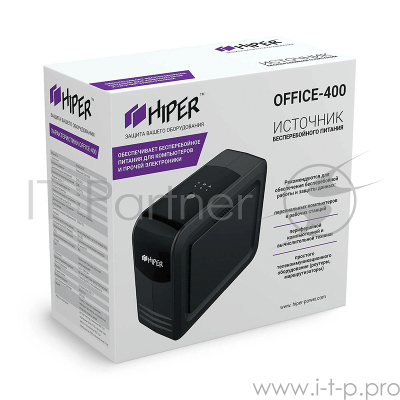 Блок питания HIPER ИБП HIPER OFFICE-400, Standby, 400ВА(240Вт), 3 розетки Schuko, USB-порт, чёрный