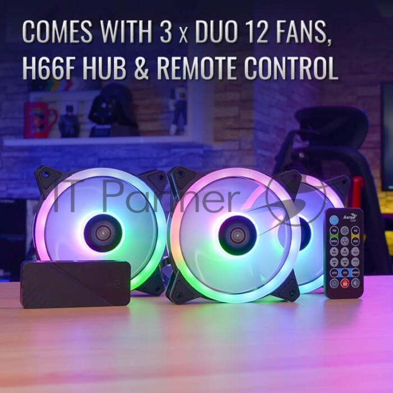 Вентилятор Aerocool Duo 12 Pro (3x120мм, 19.7dB, 1000rpm, 6-pin, подсветка, контроллер, пульт д/у) RTL