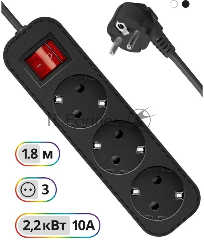 Удлинитель Defender с заземлением G318 Выключатель, 1.8 м, 3 розетки