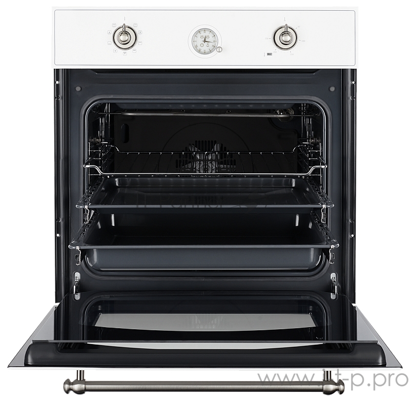 Электрический духовой шкаф Kuppersberg SR 609 W Silver, Multifunction, 9 режимов, аналоговый таймер, поворотные переключатели, макси-гриль, турбо режим, гидролизная очистка, каталитическая задняя стенка, объем 57 литров, цвет белый жемчуг/ручка дверц