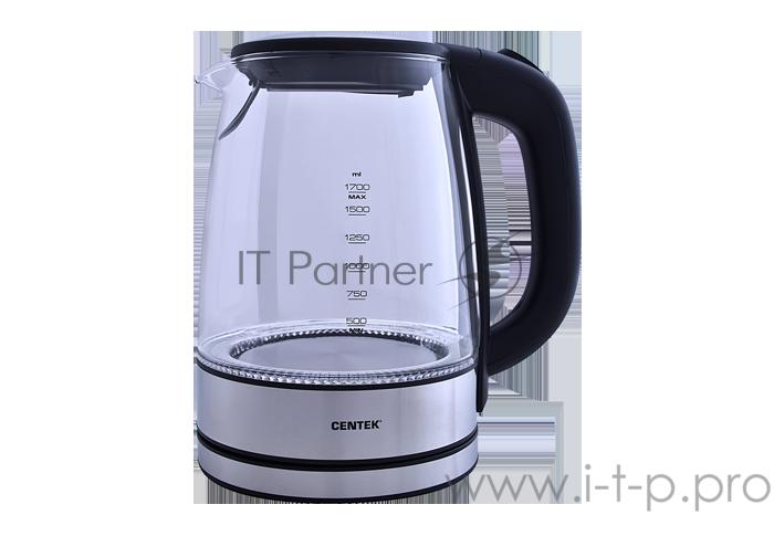 Чайник Centek CT-0030 черный стекло 1.7л, 2200Вт, внутр. LED подсветка,защита от вкл б/воды