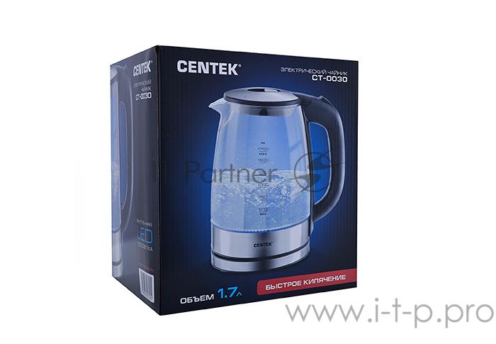 Чайник Centek CT-0030 черный стекло 1.7л, 2200Вт, внутр. LED подсветка,защита от вкл б/воды