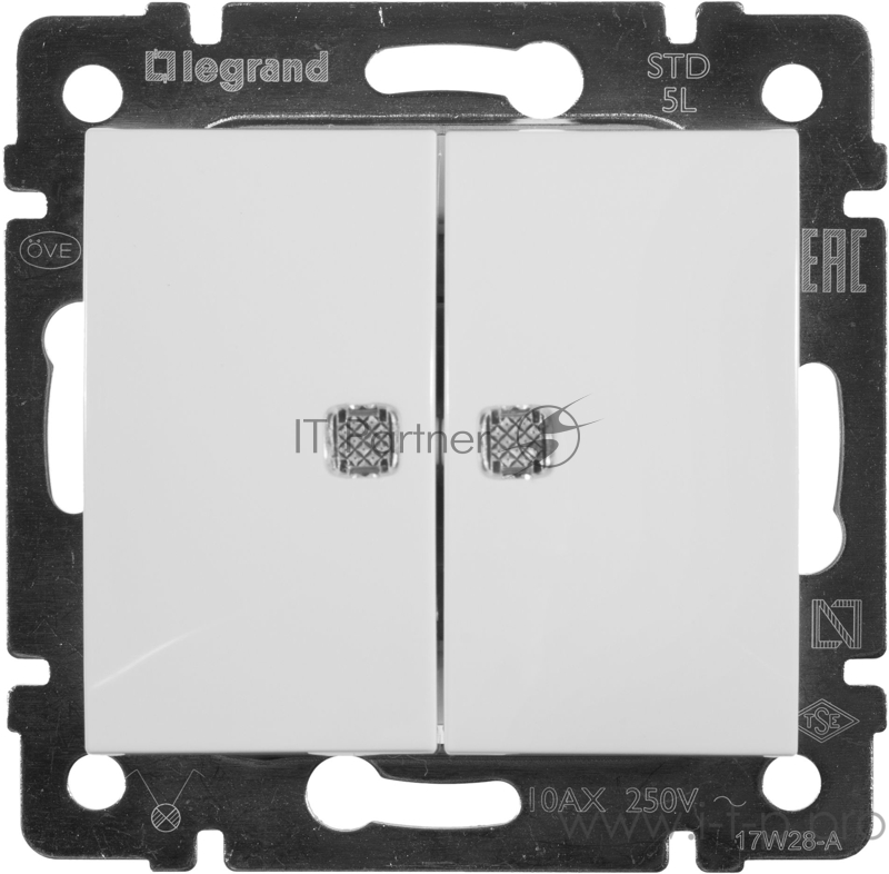 Розетки, выключатели и аксессуары Legrand 774428 Выключатель Valena 2-х клавишный с подсветкой белый