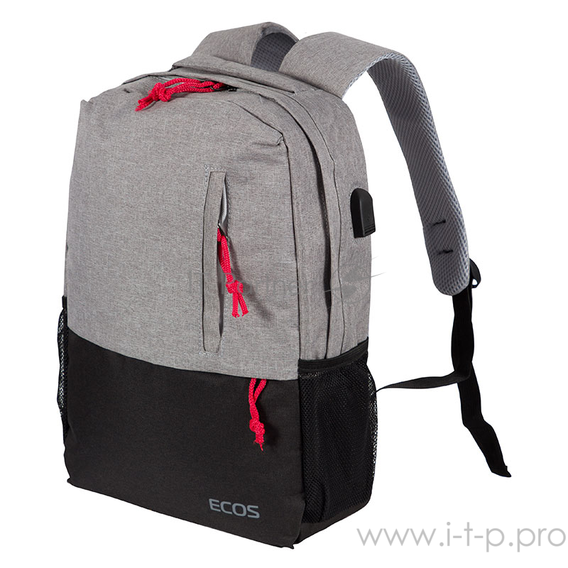 Ecos Рюкзак ECOS Городской, серый/черный 15л, с USB портом