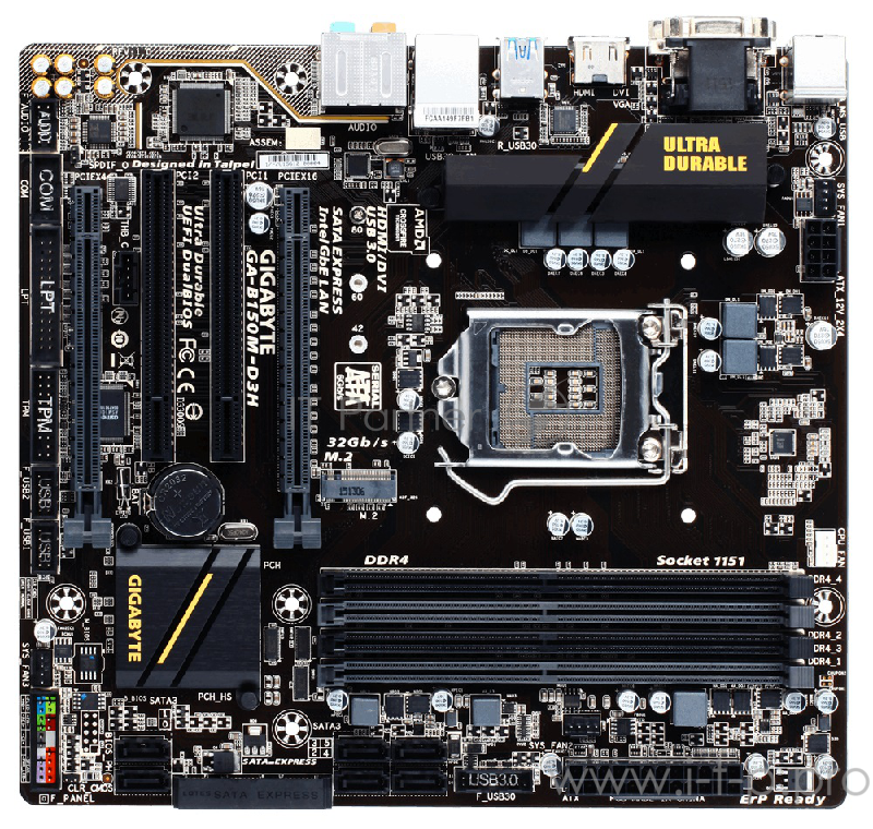 Материнская плата Gigabyte GA-B150M-D3H RTL {LGA151, iB150, 4*DDR4, PCI-E, SATA 6Gb/s + RAID, M.2 port, 8ch, GLAN, USB3.0, D-SUB+ DVI-D + HDMI, mATX}