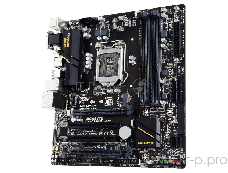 Материнская плата Gigabyte GA-B150M-D3H RTL {LGA151, iB150, 4*DDR4, PCI-E, SATA 6Gb/s + RAID, M.2 port, 8ch, GLAN, USB3.0, D-SUB+ DVI-D + HDMI, mATX}