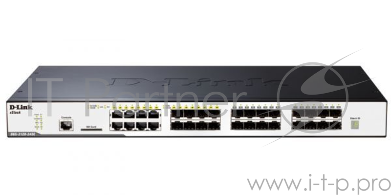 Коммутатор D-Link DGS-3120-24SC/B1ASI, L2+ Managed Switch with 16 100/1000Base-X SFP ports and 8 100/1000Base-T/SFP combo-ports and 2 10GBase-CX4 ports.16K Mac address, Physical stacking (up to 6 devices), SIM,