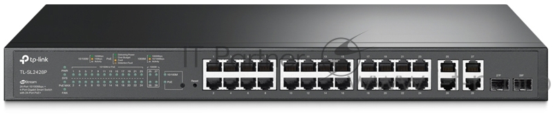 Сетевой коммутатор JetStream 24-port 10/100Mbps + 4-port Gigabit L2 Smart Switch with 24-port PoE+, PoE budget up to 250W, support PoE power manageme