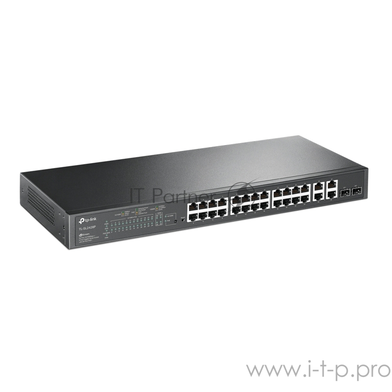 Сетевой коммутатор JetStream 24-port 10/100Mbps + 4-port Gigabit L2 Smart Switch with 24-port PoE+, PoE budget up to 250W, support PoE power manageme
