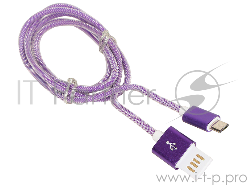 Кабель Gembird Кабель USB 2.0 Cablexpert CCB-mUSBp1m, AM/microBM 5P, 1м, армированная оплетка, разъемы фиолетовый металлик, блистер