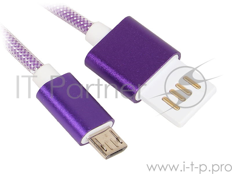 Кабель Gembird Кабель USB 2.0 Cablexpert CCB-mUSBp1m, AM/microBM 5P, 1м, армированная оплетка, разъемы фиолетовый металлик, блистер