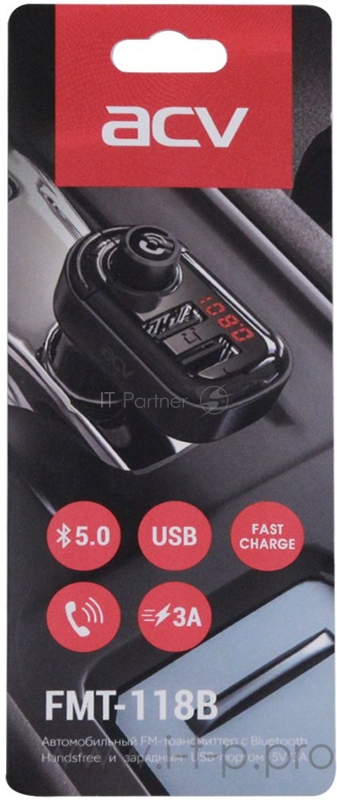 Автомобильный FM-модулятор ACV FMT-118B черный MicroSD BT USB (37399)