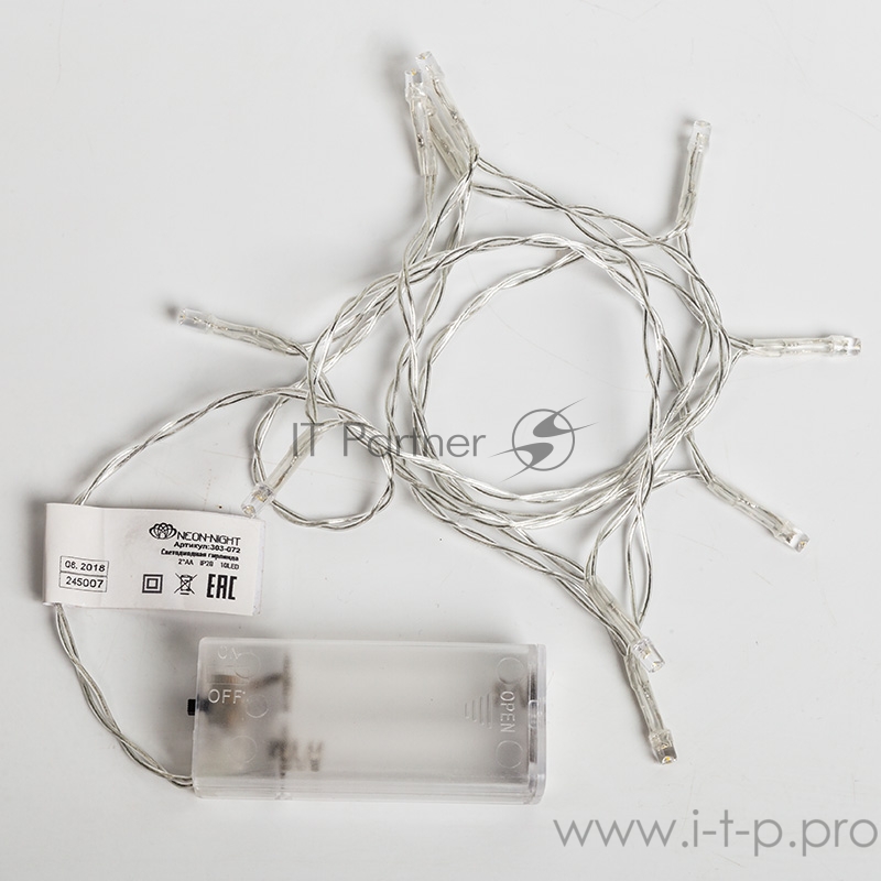 Гирлянда светодиодная универсальная 10 LED ТЕПЛЫЙ БЕЛЫЙ 1,5 метра, прозрачный ПВХ, питание 2*АА