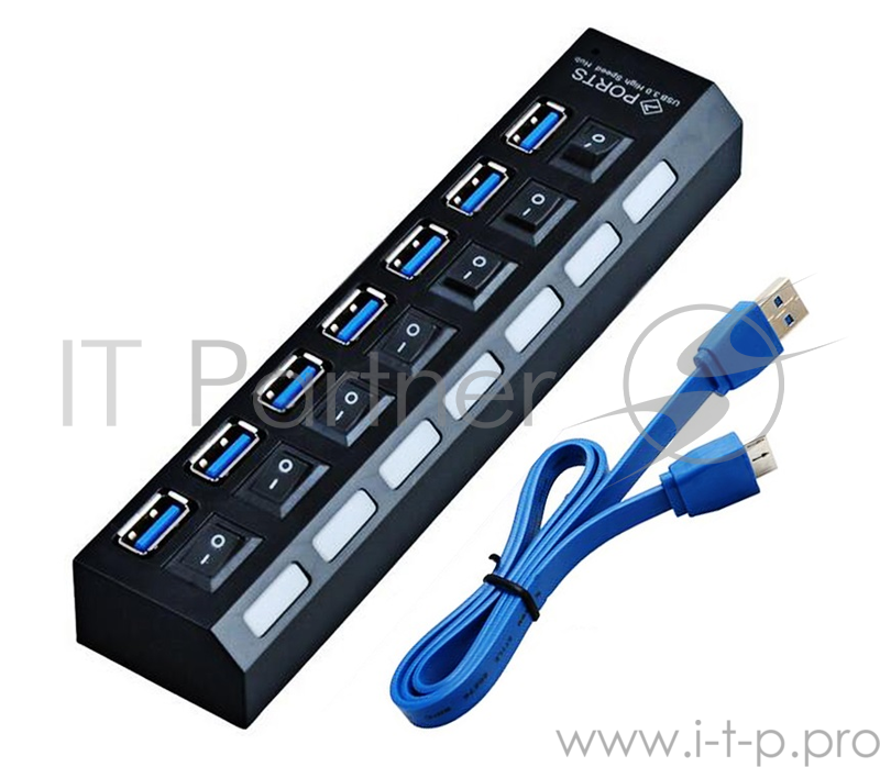 Контроллер ORIENT BC-317, USB 3.0 HUB 7 Ports, c БП-зарядником USB (5В, 3А), выключатели на каждый порт, черный