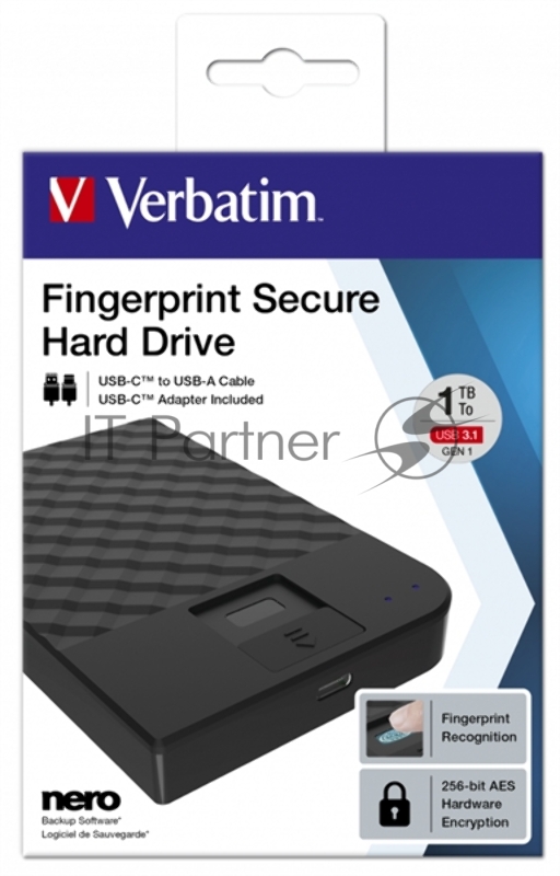 Накопитель Verbatim HDD External FINGERPRINT SECURE 2,5 1TB USB 3.1 GEN 1, 256-bit AES ENCRYPTION