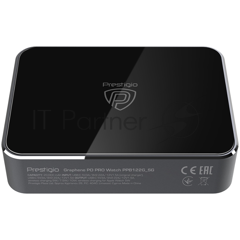 Аккумулятор внешний Prestigio Graphene PD PRO Watch, fast charging powerbank, 20000 mAh, 2*USB3.0 QC, 1*Type-C PD, wireless charger 10W, Apple Watch wireless charger 2,5W, LED indicator, leather case, cable type C-USB, 60W adapter, aluminium and temp