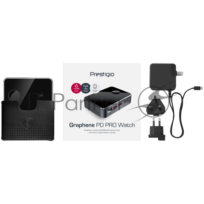 Аккумулятор внешний Prestigio Graphene PD PRO Watch, fast charging powerbank, 20000 mAh, 2*USB3.0 QC, 1*Type-C PD, wireless charger 10W, Apple Watch wireless charger 2,5W, LED indicator, leather case, cable type C-USB, 60W adapter, aluminium and temp
