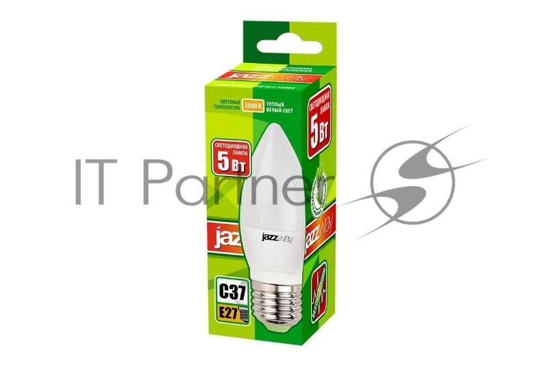 Лампа светодиодная PLED-ECO-C37 5Вт свеча 3000К тепл. бел. E27 400лм 230В JazzWay 2855312A