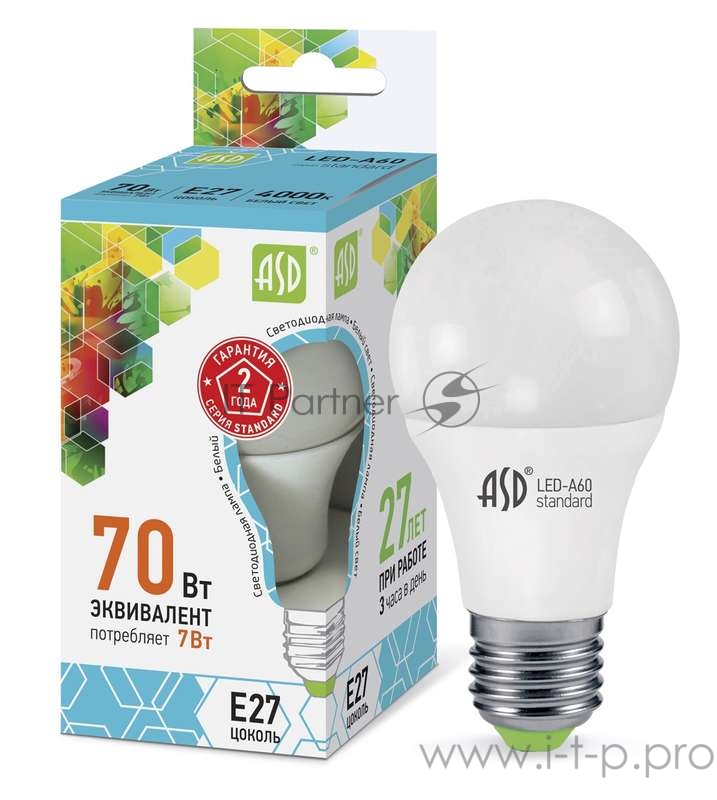 Лампа светодиодная LED-A60-standard 7Вт грушевидная 4000К белый E27 630лм 160-260В ASD 4690612001678