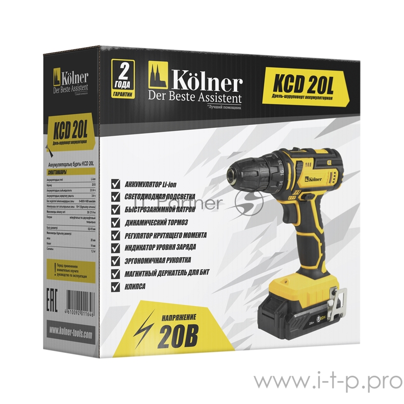 Дрель-шуруповерт аккумуляторная Kolner KCD 20L 20 Вольт, 0-400/1450 об/мин, 30/21Нм, 2 Ач(Li-on), реверс, зарядка 3-4 часа, светодиодная подсветка, быстрозажимной патрон 0,8- 10мм