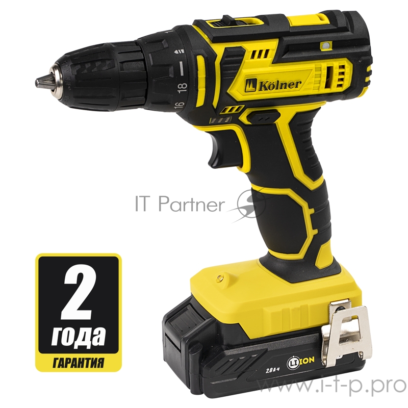 Дрель-шуруповерт аккумуляторная Kolner KCD 20L 20 Вольт, 0-400/1450 об/мин, 30/21Нм, 2 Ач(Li-on), реверс, зарядка 3-4 часа, светодиодная подсветка, быстрозажимной патрон 0,8- 10мм