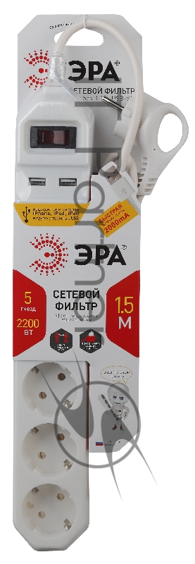 Сетевой фильтр ЭРА белый USF-5es-1.5m-USB-W с заземл 3x0.75мм2 с выкл 5гн+2USB 1.5м
