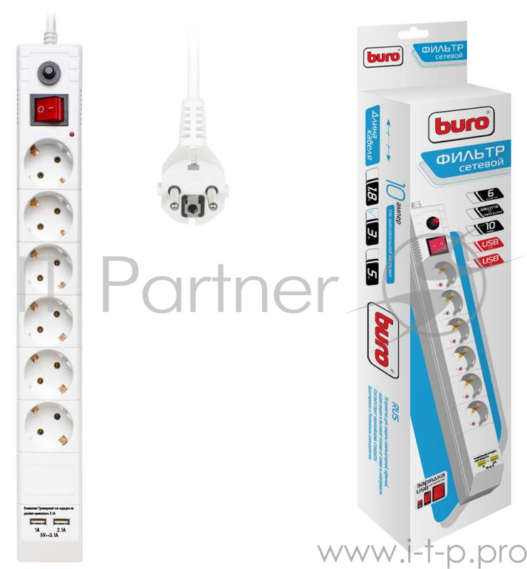 Сетевой фильтр Buro BU-SP3_USB_2A-W 3м (6 розеток) белый (коробка)